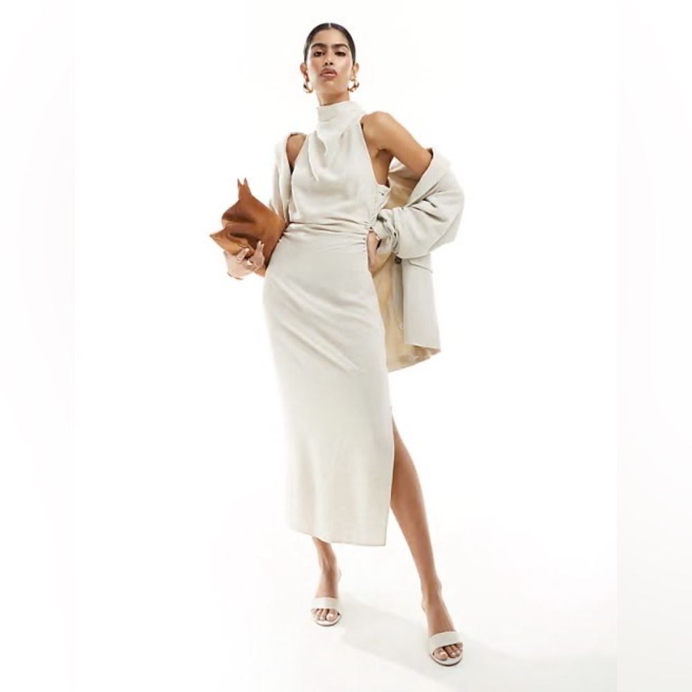 ASOS DESIGN High Neck Cross Back Column Midi Dress in Oatmeal